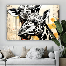 Lade das Bild in den Galerie-Viewer, Leinwandbild Verliebtes Giraffenpaar Abstrakt Querformat