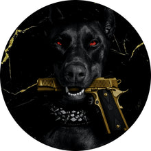 Lade das Bild in den Galerie-Viewer, Aluminiumbild Luxuriöser Hund mit Pistole Kreis