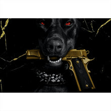 Lade das Bild in den Galerie-Viewer, Poster Luxuriöser Hund mit Pistole Querformat