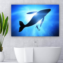 Lade das Bild in den Galerie-Viewer, Aluminiumbild gebürstet Wal mit Taucher Querformat