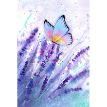Lade das Bild in den Galerie-Viewer, Acrylglasbild Wiesenlavendel mit buntem Schmetterling Hochformat