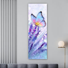 Lade das Bild in den Galerie-Viewer, Acrylglasbild Wiesenlavendel mit buntem Schmetterling Panorama Hoch