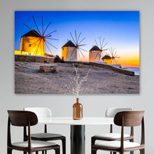 Lade das Bild in den Galerie-Viewer, Aluminiumbild gebürstet Windmühlen auf der Insel Mykonos Querformat