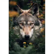 Lade das Bild in den Galerie-Viewer, Acrylglasbild Wolf im Wald der Blumen Hochformat