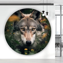 Lade das Bild in den Galerie-Viewer, Aluminiumbild gebürstet Wolf im Wald der Blumen Kreis