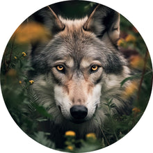 Lade das Bild in den Galerie-Viewer, Aluminiumbild gebürstet Wolf im Wald der Blumen Kreis
