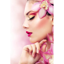 Lade das Bild in den Galerie-Viewer, Spannrahmenbild Wunderschöne Frau mit Orchideenblüten Hochformat