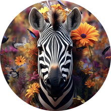 Lade das Bild in den Galerie-Viewer, Aluminiumbild gebürstet Zebra mit Blüten Kreis