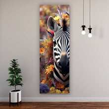 Lade das Bild in den Galerie-Viewer, Leinwandbild Zebra mit Blüten Panorama Hoch