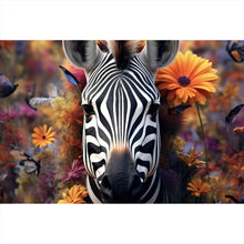 Lade das Bild in den Galerie-Viewer, Aluminiumbild gebürstet Zebra mit Blüten Querformat