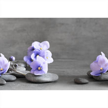 Lade das Bild in den Galerie-Viewer, Leinwandbild Zen Steine mit Lila Blumen Querformat