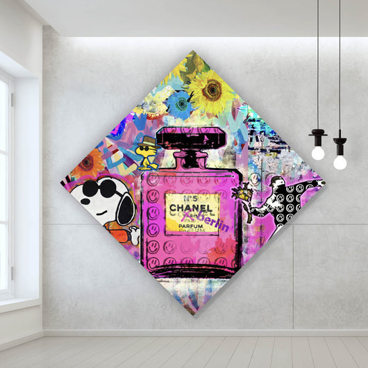 Acrylglasbild Abstrakte Collage mit Parfumflasche Raute