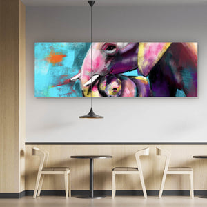 Spannrahmenbild Abstrakte Elefantenmutter mit Kalb Panorama