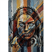 Lade das Bild in den Galerie-Viewer, Acrylglasbild Abstraktes Frauenporträt mit Kopfhörern Hochformat
