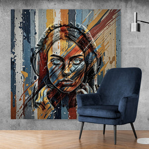 Poster Abstraktes Frauenporträt mit Kopfhörern Quadrat