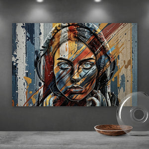 Acrylglasbild Abstraktes Frauenporträt mit Kopfhörern Querformat