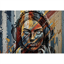 Lade das Bild in den Galerie-Viewer, Acrylglasbild Abstraktes Frauenporträt mit Kopfhörern Querformat
