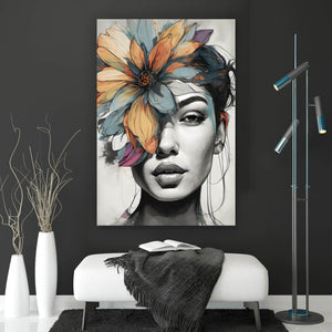 Acrylglasbild Abstraktes Frauenportrait mit Blumenkrone Hochformat