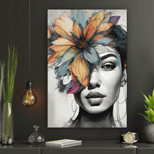 Lade das Bild in den Galerie-Viewer, Acrylglasbild Abstraktes Frauenportrait mit Blumenkrone Hochformat
