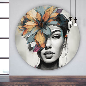 Aluminiumbild gebürstet Abstraktes Frauenportrait mit Blumenkrone Kreis