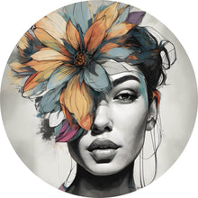 Lade das Bild in den Galerie-Viewer, Aluminiumbild gebürstet Abstraktes Frauenportrait mit Blumenkrone Kreis
