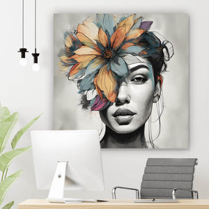 Acrylglasbild Abstraktes Frauenportrait mit Blumenkrone Quadrat