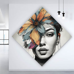 Poster Abstraktes Frauenportrait mit Blumenkrone Raute