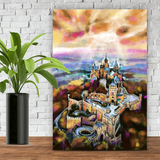 Leinwandbild Abstraktes Gemälde einer Burg Hochformat