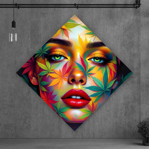 Aluminiumbild Abstraktes Gesicht mit Blättermotiven Raute