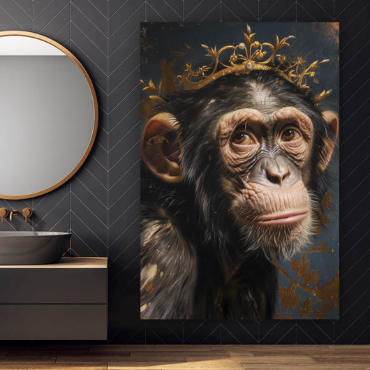 Leinwandbild Adeliger Schimpanse mit Krone Hochformat