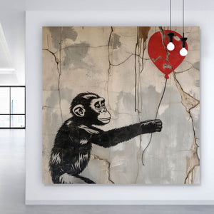 Poster Affe hält roten Ballon Street Art Quadrat