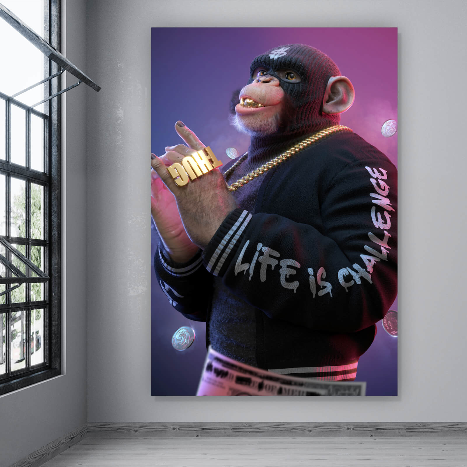 affe hängematte Spannrahmenbild Affe mit Maske Thug Hochformat
