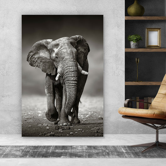 Acrylglasbild Afrikanischer Elefant in Schwarz Weiß Hochformat