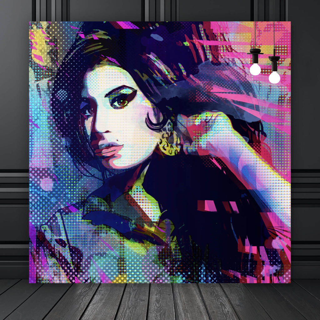 Aluminiumbild Amy im Raster Pop Art Stil im Quadrat, Aufhängefertig ...