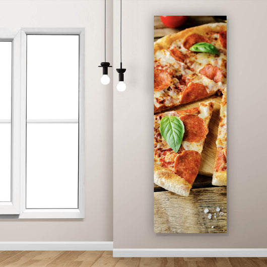 Acrylglasbild Appetitliche Pizza auf Holz Panorama Hoch