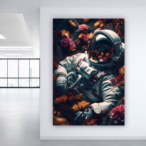 Aluminiumbild gebürstet Astronaut im Blumenmeer Digital Art Hochformat