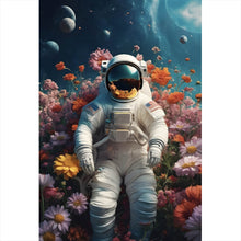 Lade das Bild in den Galerie-Viewer, Acrylglasbild Astronaut in einem Blumenmeer Hochformat
