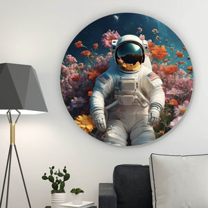 Aluminiumbild gebürstet Astronaut in einem Blumenmeer Kreis