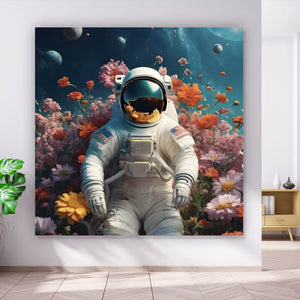 Aluminiumbild gebürstet Astronaut in einem Blumenmeer Quadrat