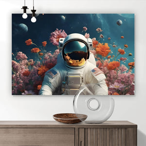 Acrylglasbild Astronaut in einem Blumenmeer Querformat