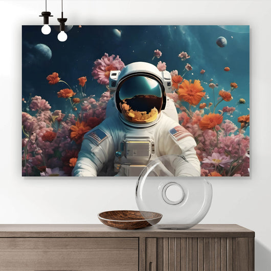 Aluminiumbild gebürstet Astronaut in einem Blumenmeer Querformat