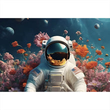 Lade das Bild in den Galerie-Viewer, Aluminiumbild gebürstet Astronaut in einem Blumenmeer Querformat

