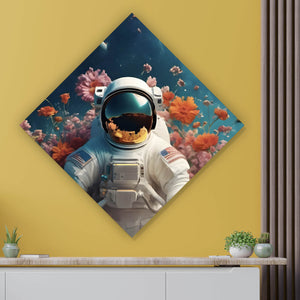 Aluminiumbild gebürstet Astronaut in einem Blumenmeer Raute