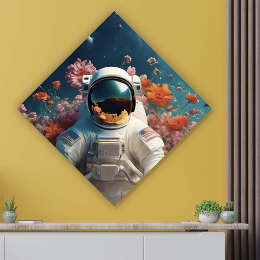 Aluminiumbild Astronaut in einem Blumenmeer Raute