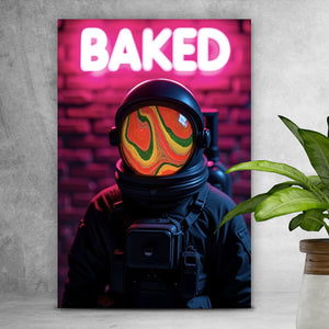 Aluminiumbild gebürstet Astronaut mit Helm Baked Neon Hochformat