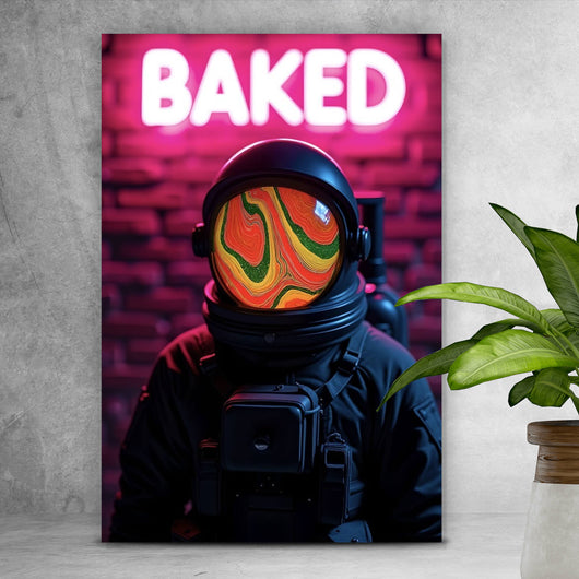 Aluminiumbild gebürstet Astronaut mit Helm Baked Neon Hochformat