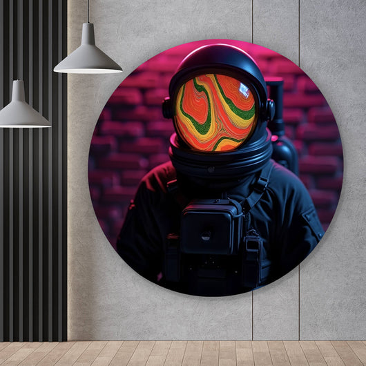 Aluminiumbild gebürstet Astronaut mit Helm Baked Neon Kreis