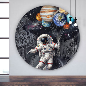 Aluminiumbild gebürstet Astronaut mit Planeten Ballons Kreis