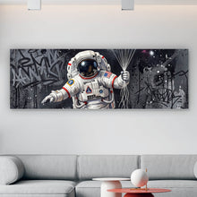 Lade das Bild in den Galerie-Viewer, Aluminiumbild gebürstet Astronaut mit Planeten Ballons Panorama
