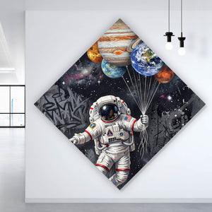 Aluminiumbild gebürstet Astronaut mit Planeten Ballons Raute